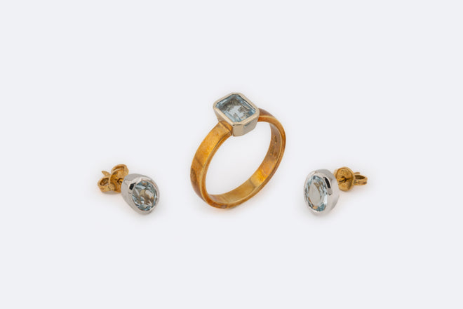 Parure orecchini e anello oro bianco con acqua marine